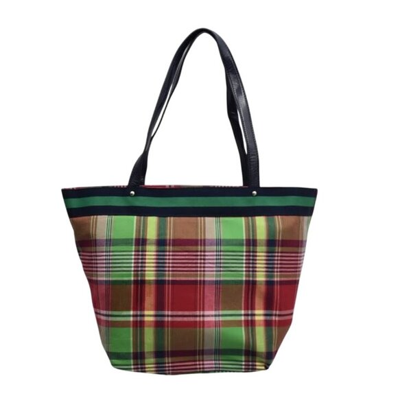 Tommy Hilfiger Plaid Tote Bag Bow Accent Navy Handles - Picture 2 of 7